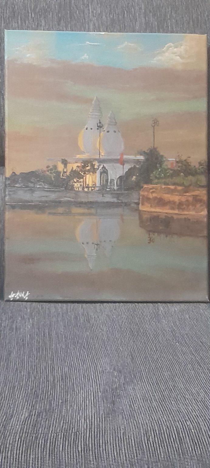 This is an acrylic painting of the a Hindu temple built in the sea. As the sunsets it creates a golden hour bring peace and fulfillment as it rays caress the horizon.