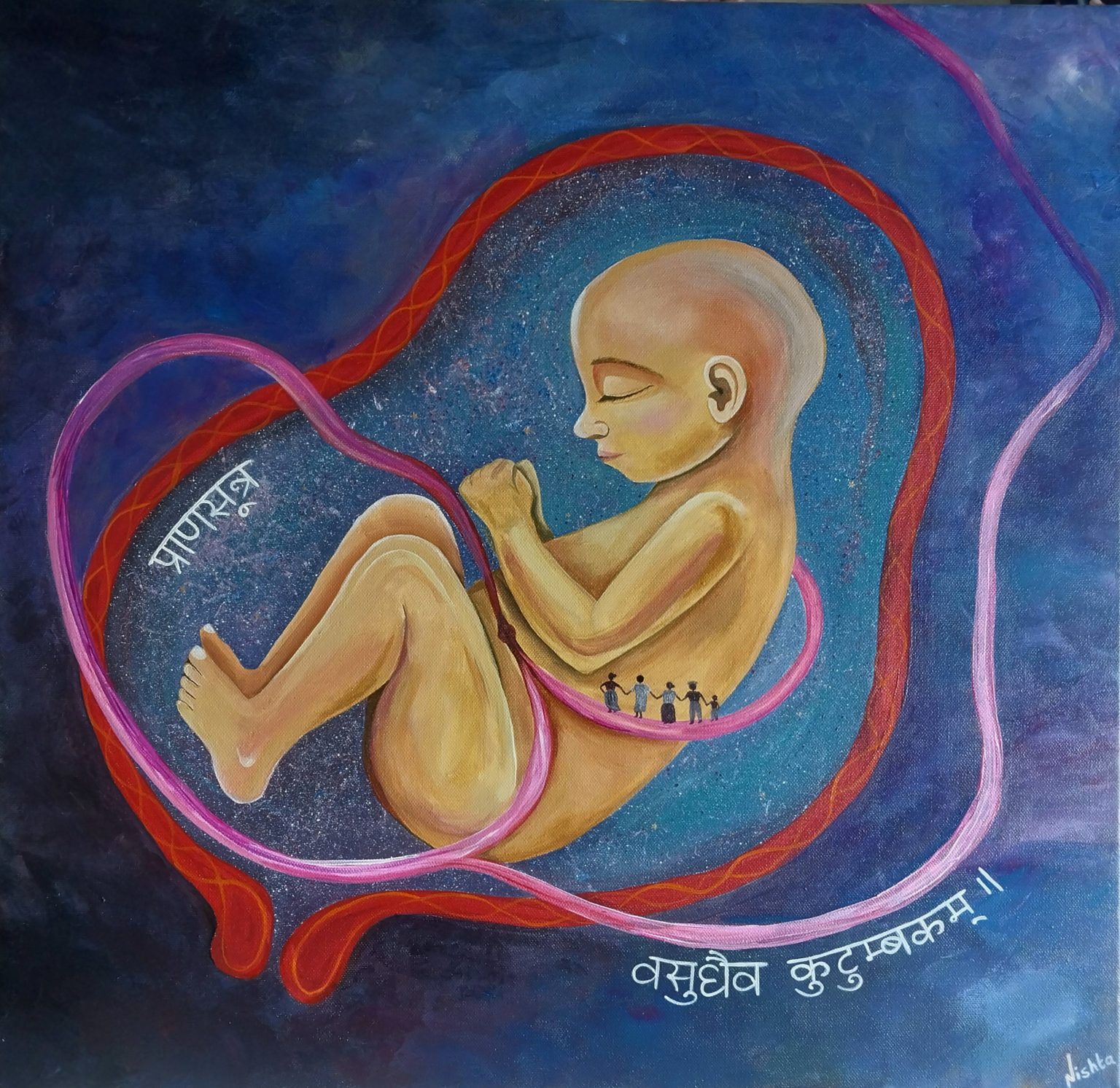 Pranasutra (प्राणसूत्र)—the cosmic 'Thread of Life'. The umbilical cord connecting an unborn child to a diverse global family, embodying 'Vasudhaiva Kutumbakam' (वसुधैव कुटुम्बकम्—The World is One Family). It symbolizes our shared origin, collective future, and ties that bind us.