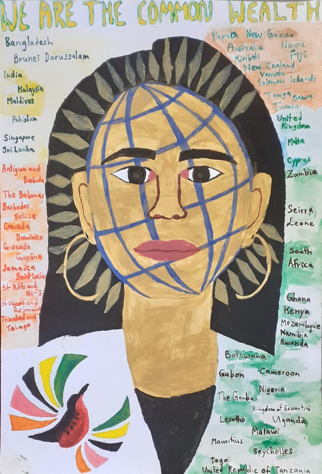 My portrait with Common wealth logo on it represents that I am a member of the common wealth.
I have written all the member countries according to the continents around my portrait to show that I am part of the commonth wealth.
I have drawn the official logo of this year's CHOGM.