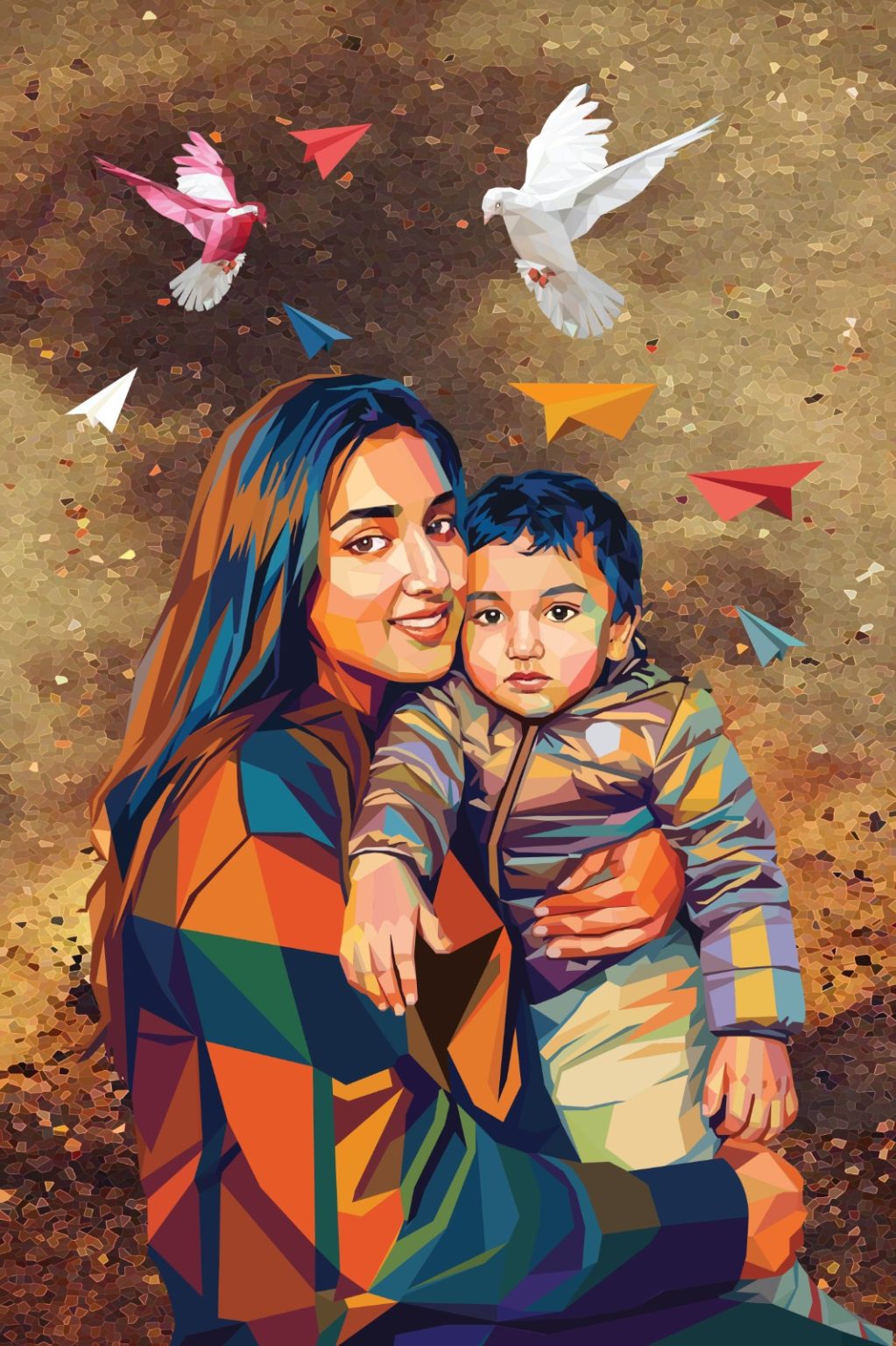 "ENDLESS HOPE"—Through this artwork, the artist wanted to highlight the harsh reality of a struggling mother’s life struggle and the unwavering hope for a safe future for her child.
Here, the two realities of the life struggle and the man-made war have been revealed together.