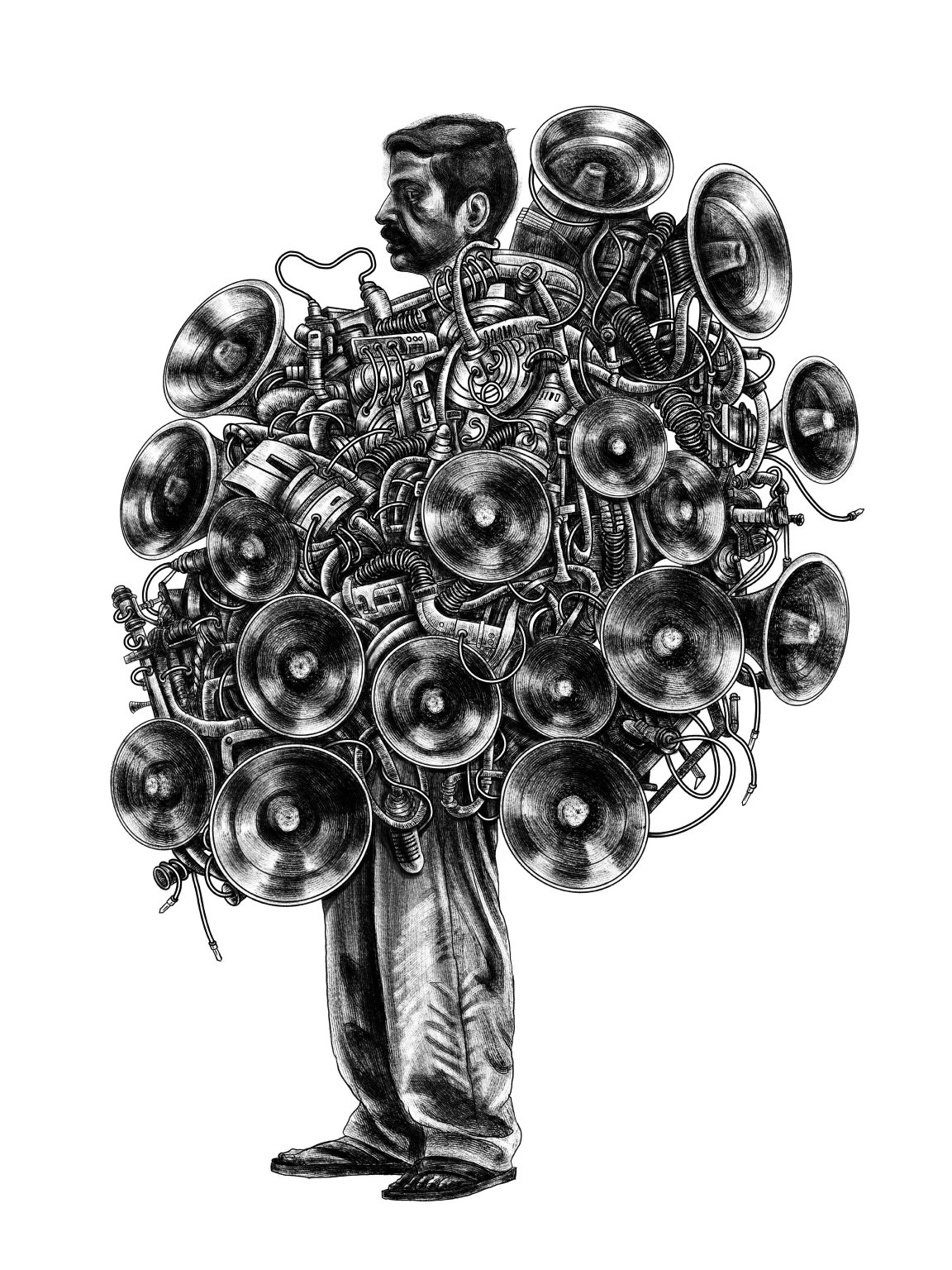 I grew up watching feriwalas enter quiet lanes at dusk. Now, they carry more than goods—they carry noise. In my work, sound becomes weight, pressing on body and land. Between nature and machines, we’ve learned to bear this invisible burden, forgetting what lightness feels like.