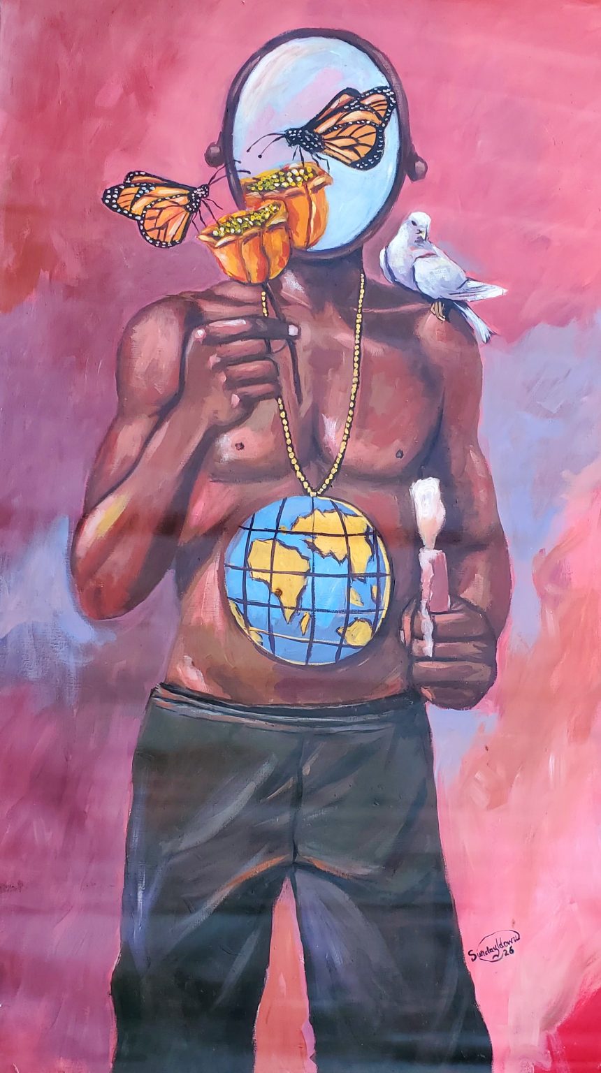 This artwork reflects identity and transformation through a mirrored figure. The butterfly, candle, bird, and globe symbolize growth, voice, peace, and unity across diverse cultures within the Commonwealth.