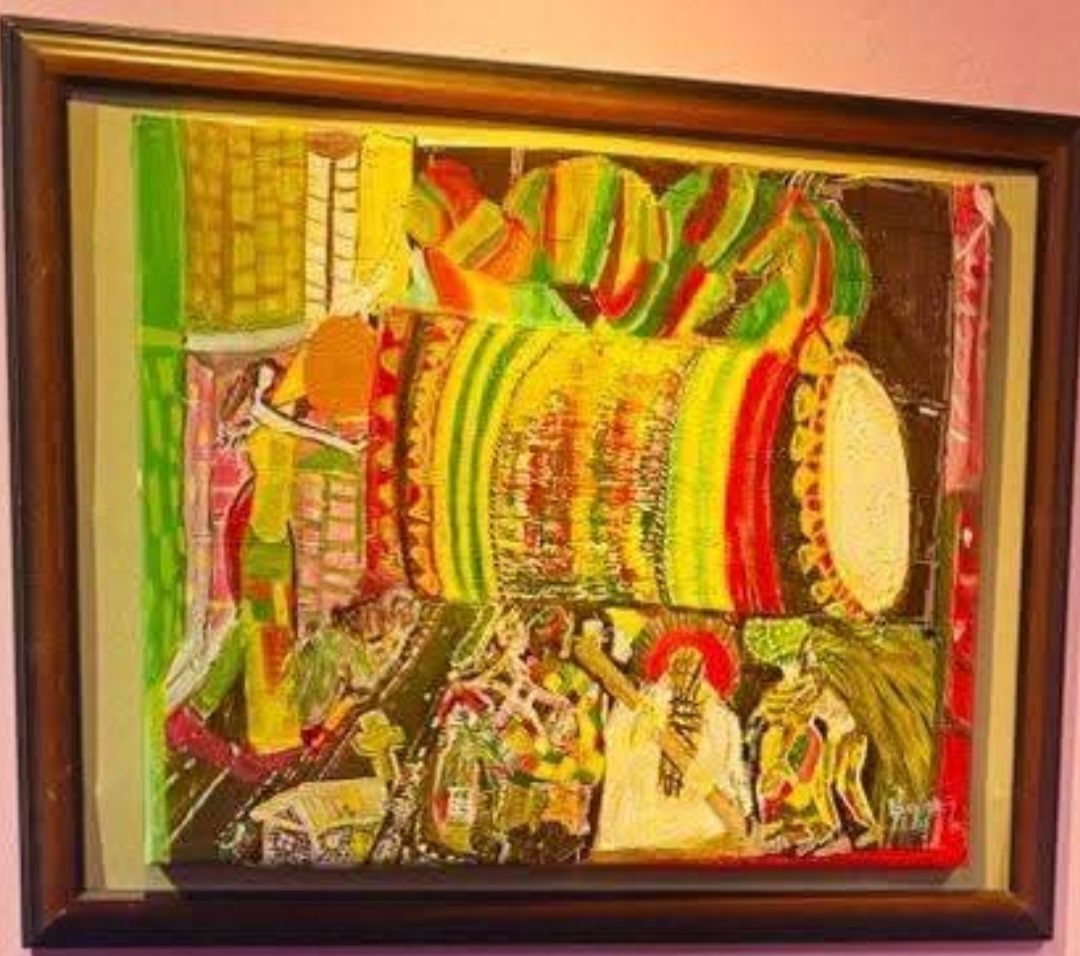 The drum serving as the spirit of the yoruba culture In this painting, shows the invaluable roles it played. among the yoruba people, the drum can be Use as means of communicating, spirituality and entertainment.