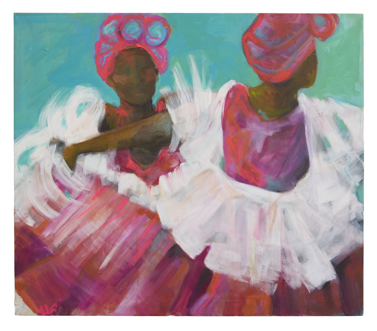Two dancers face to face in movement and joy. Broad loose brushstrokes express freedom, resilience, and cultural memory. Rooted in the past yet looking toward the future, the work explores threads as connections, identity, empowerment, and shared humanity.  Transcending borders.