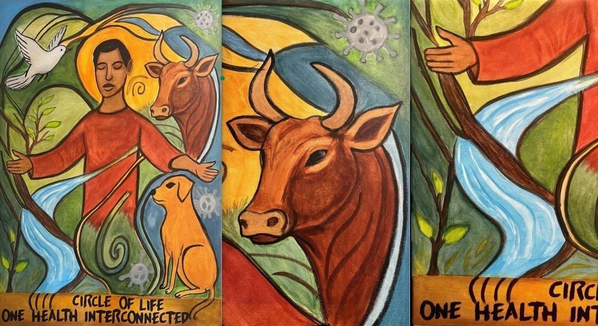 This artwork shows the interconnectedness of human, animal, and environmental health. Climate change alters ecosystems and increases the risk of emerging infectious diseases, reminding us that protecting planetary health is a shared responsibility for safeguarding human life