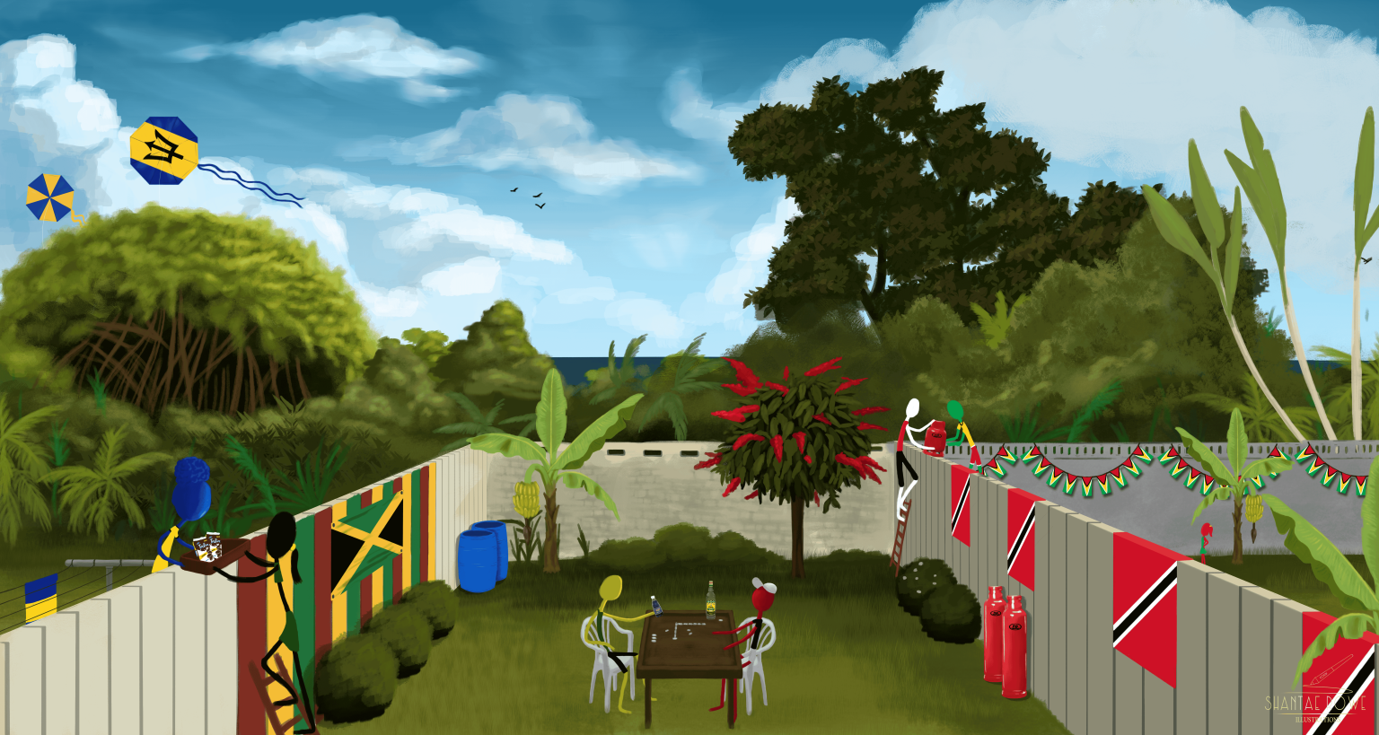 "The Neighbourly Way" illustrates "thread" by depicting the four signatories of the Treaty of Chaguaramas: Barbados, Trinidad and Tobago, Jamaica, and Guyana, as adjacent backyards, sharing resources over their fences. Trade is the thread that keeps the countries together.