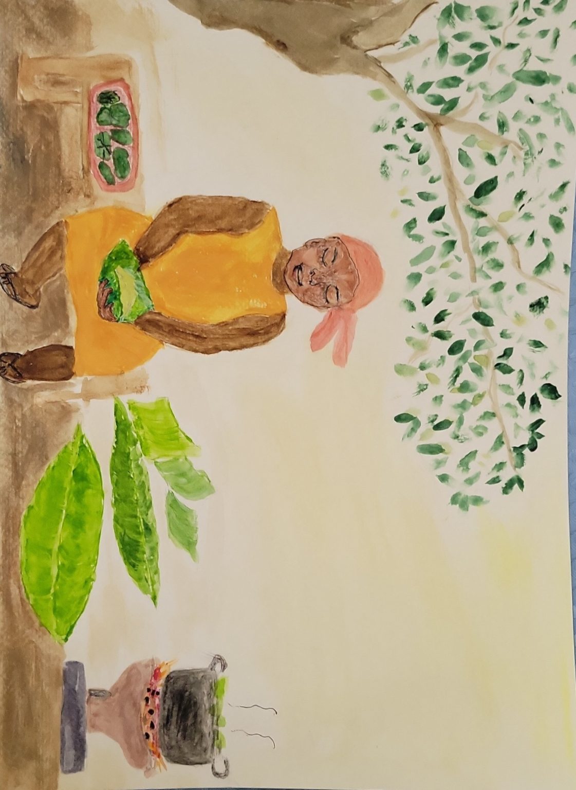 A woman makes conkies, a dish wrapped in green banana leaves and tied into little bundles. She cooks them on a clay stove called a coalpot. 
The dish, the outdoor cooking, and the coalpot are customs and memories in St Kitts and Nevis that have survived time and distance.
