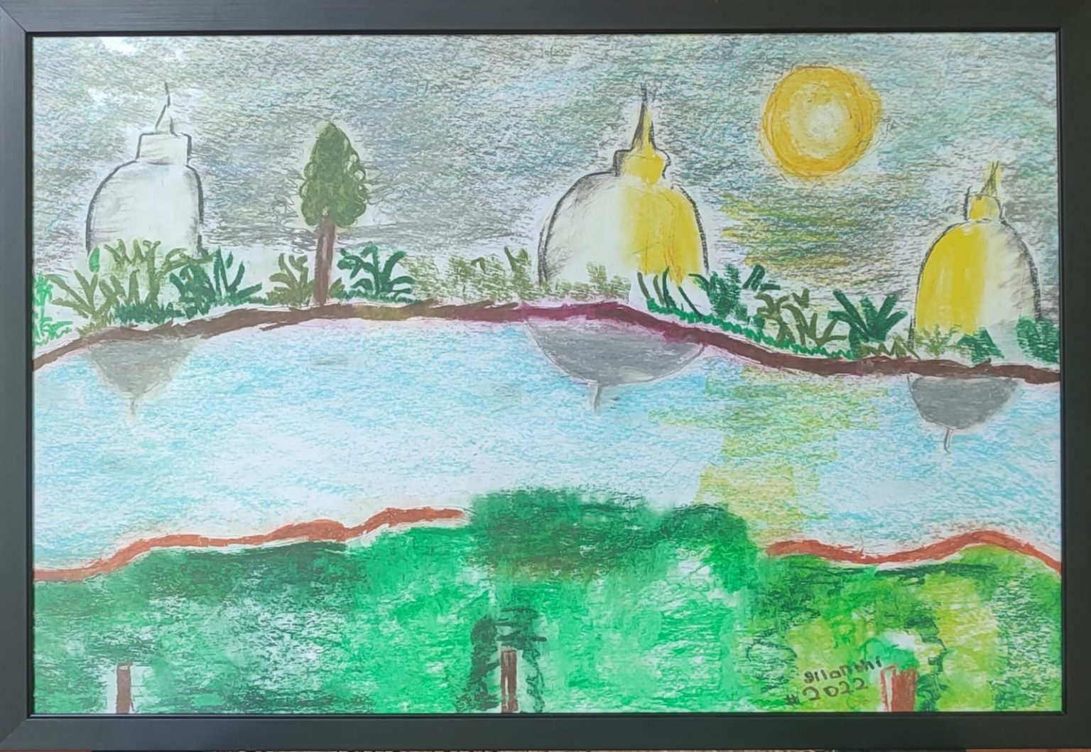 I, Dilanthi de Tissera, a visually impaired who loves to paint the world from what I hear about it. This is a view you see from beyond "Tissa Wewa"(reservoir). I have not seen this with my own eyes, but this image was explained to me by my mother and this is how I saw in my mind.