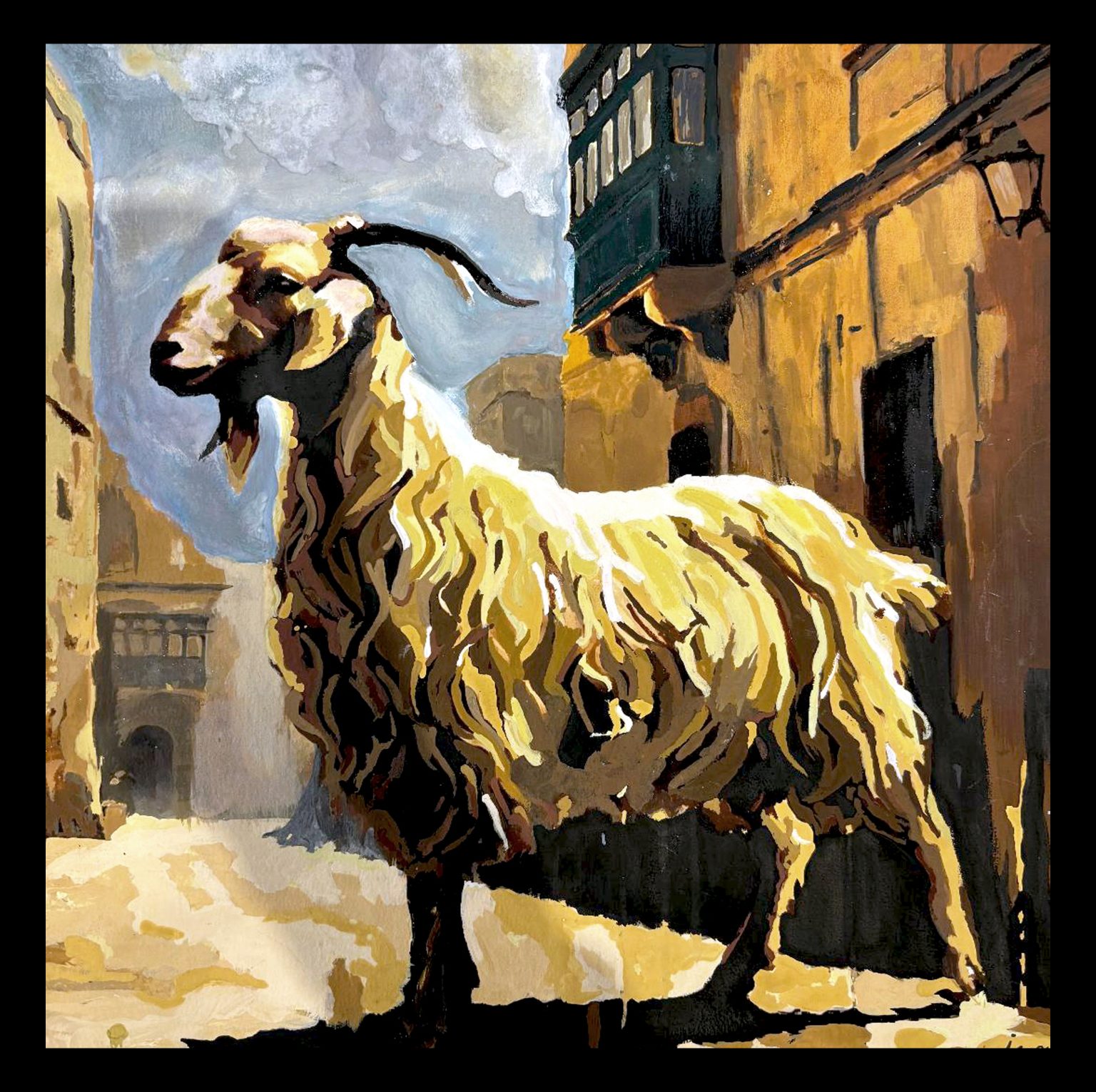 A long-haired goat wanders through a sunlit Maltese alleyway, reflecting the enduring thread between rural memory, Mediterranean heritage, and the limestone streets that continue to shape Malta’s identity.