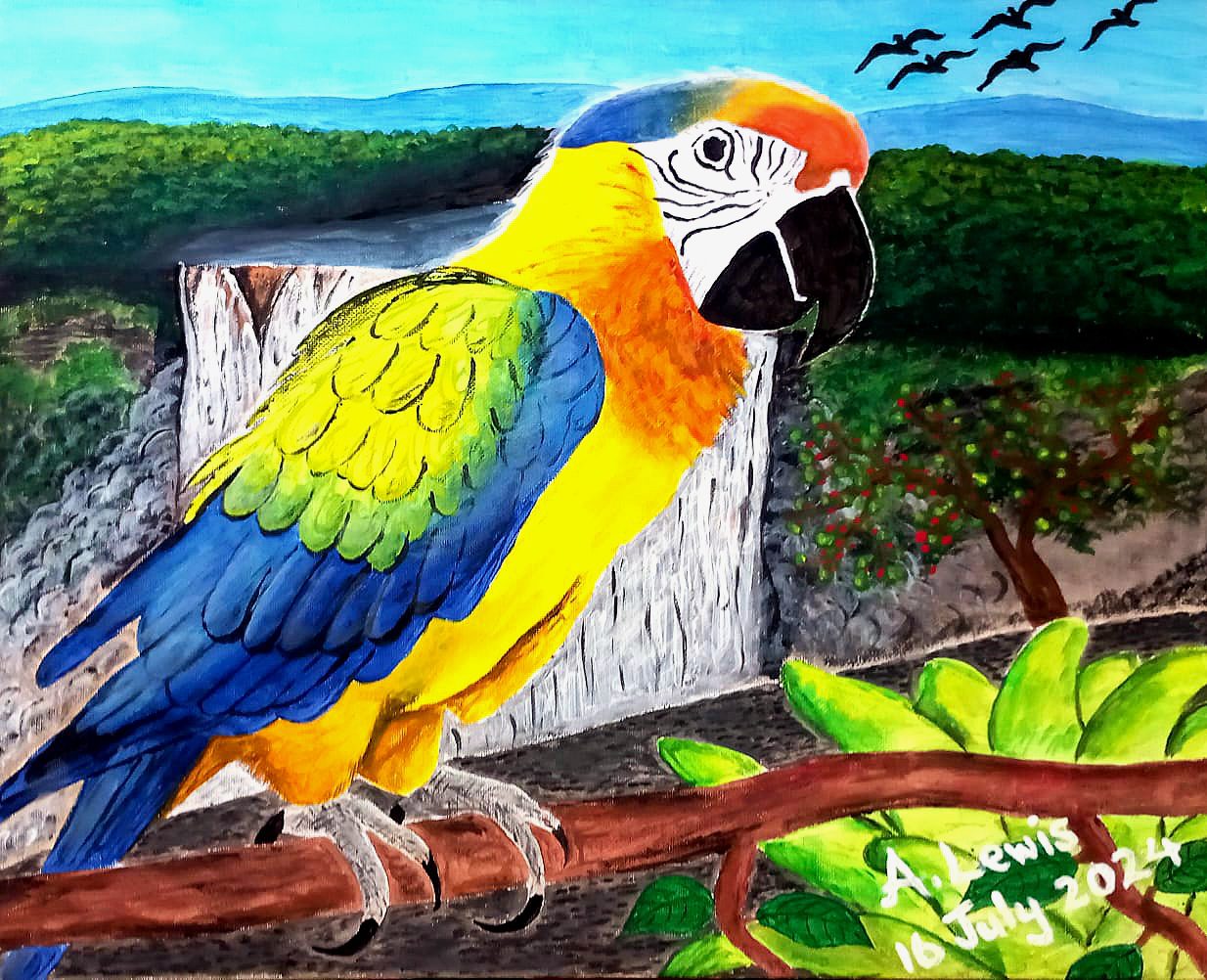 This painting shows a colourful macaw perched on a branch in front of Kaieteur Falls. The bird’s bright feathers contrast with the natural tones of the landscape, while the flowing waterfall and distant forest create depth, movement, and a strong sense of Guyana’s natural beauty.