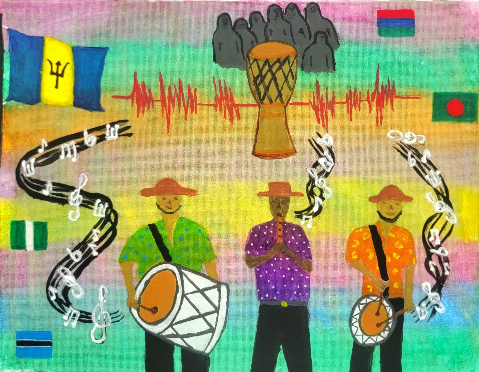 "One Rhythm, Many Heartbeats," portrays the power of rhythm and how the beat of the drum connects people across the Commonwealth. Rooted in shared ancestry and cultural heritage, the drum forms a thread that unites nations, generations, and communities through music.