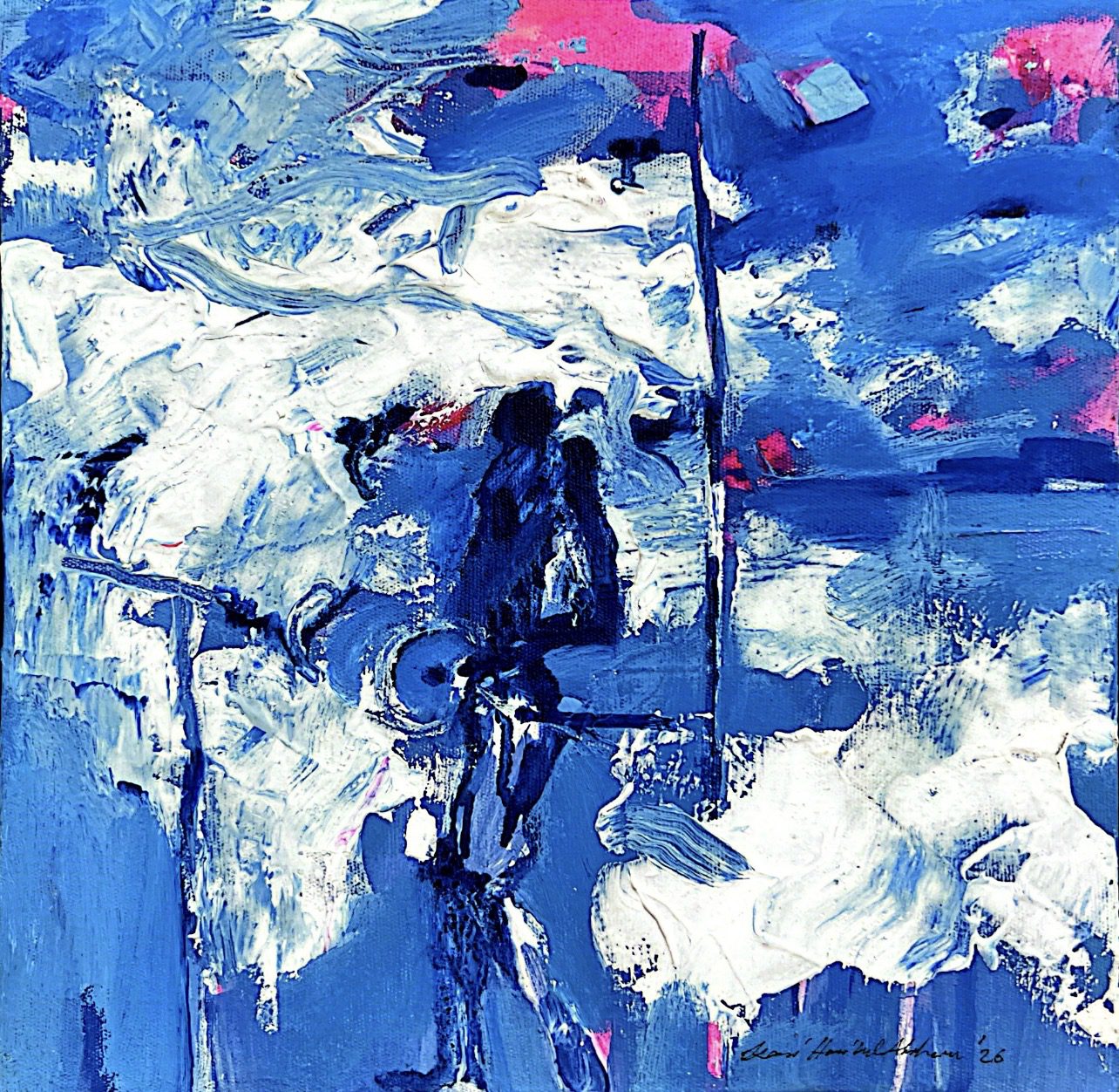This painting comes from a memory of childhood. A kite once lost in the open sky remained in my mind for many years. The shepherd walking through the landscape represents a search for something precious that cannot be held forever. It is about memor