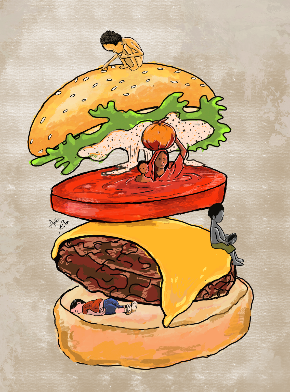 Using a burger as a symbol of consumerism, this illustration artwork exposes hidden realities of hunger, war, climate crisis, and migration, revealing the human cost behind the colourful and unequal world. It invites viewers to look at the lives and crisis often left unseen.