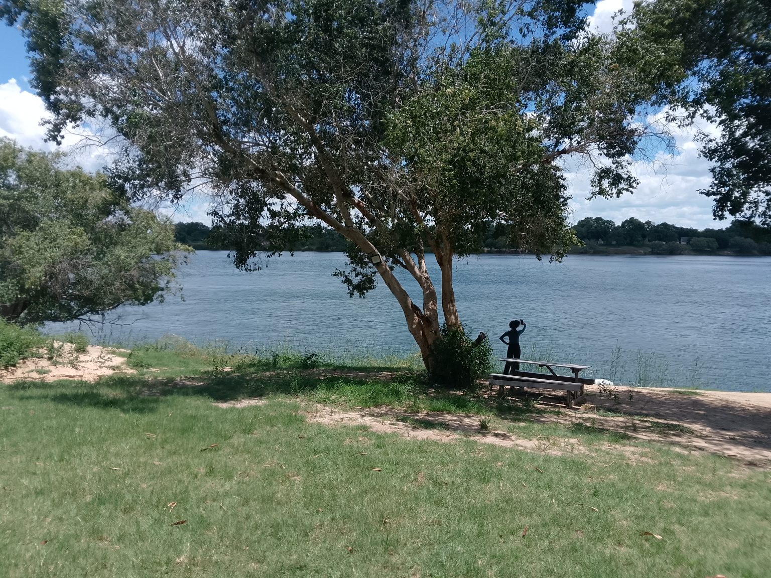 An image that was taken on the edge of the Zambezi river with only the river separating it from the Nambia n side. The photo was taken on a warm day, with a portrait view that makes it seem like a painting. A shadowy figure upfront looking like a drawing makes it interesting.