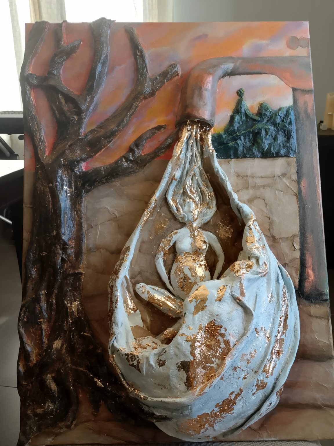 Only One Drop is a visual meditation on the fragile balance between life and scarcity. The canvas is dominated by a landscape of dryness, symbolizing a world pushed to its limits. At the center, a tap releases a single golden drop of water — precious, luminous, and sacred.