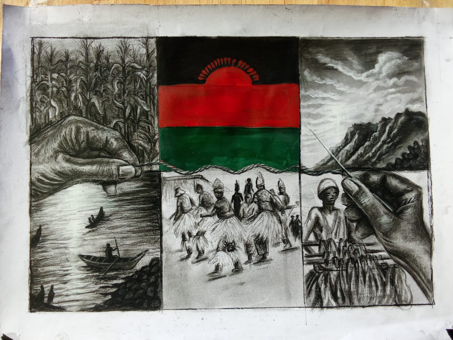 Six panels of Malawi; maize fields, lake fishermen, the flag's rising sun, mountain skies, Gule Wamkulu dancers, a market woman...stitched by two hands passing a single needle. What frays can be mended. What is ours is worth keeping.