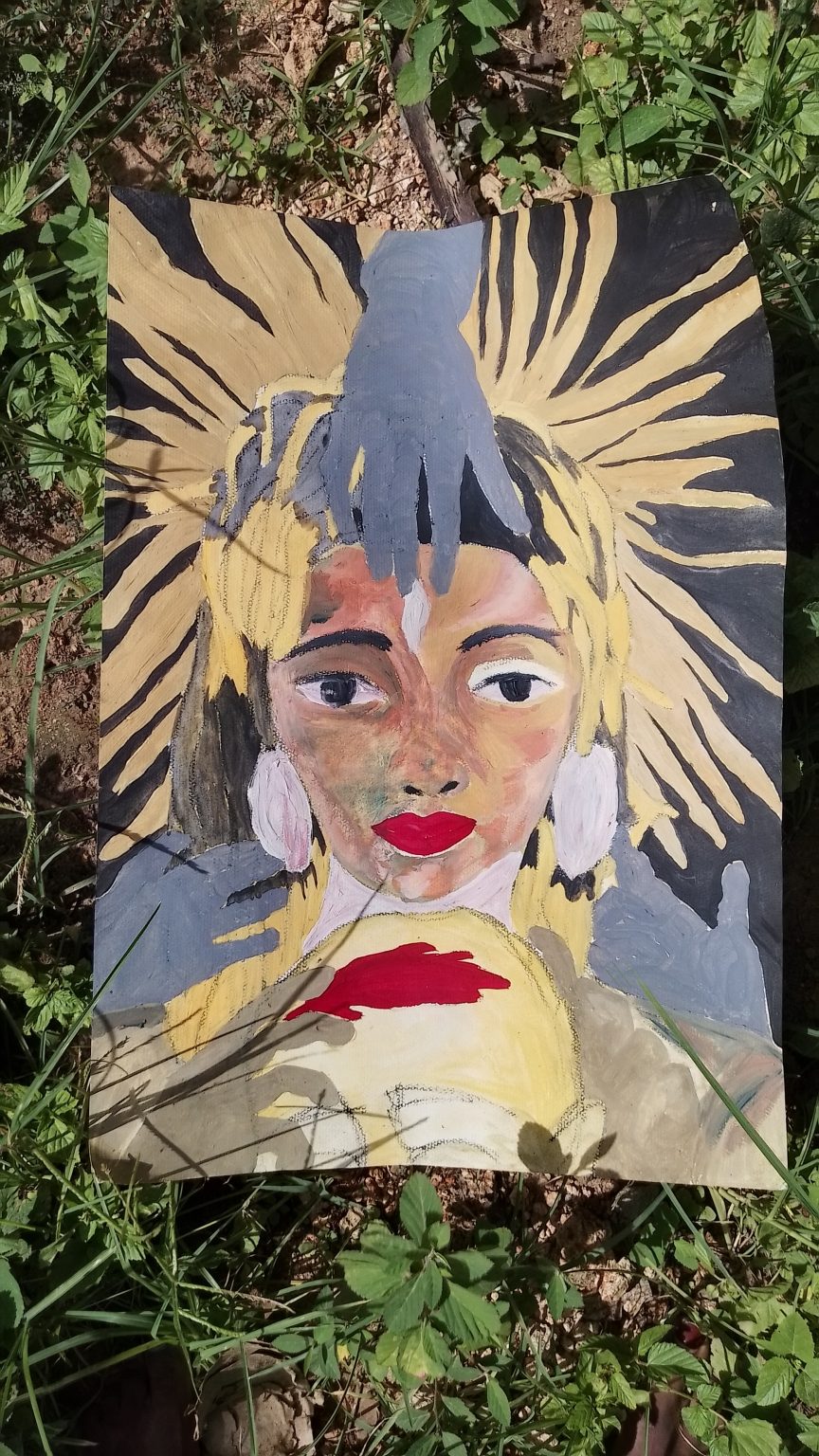 Ancestral Threads is a composition depicting the ancestral linkage in a bloodline. The mother holds her child's head lovingly smearing ceremonial dyed clay on the child's forehead. The mother is also being touched by her ancestors in the spirit realm. A chain of love and support.