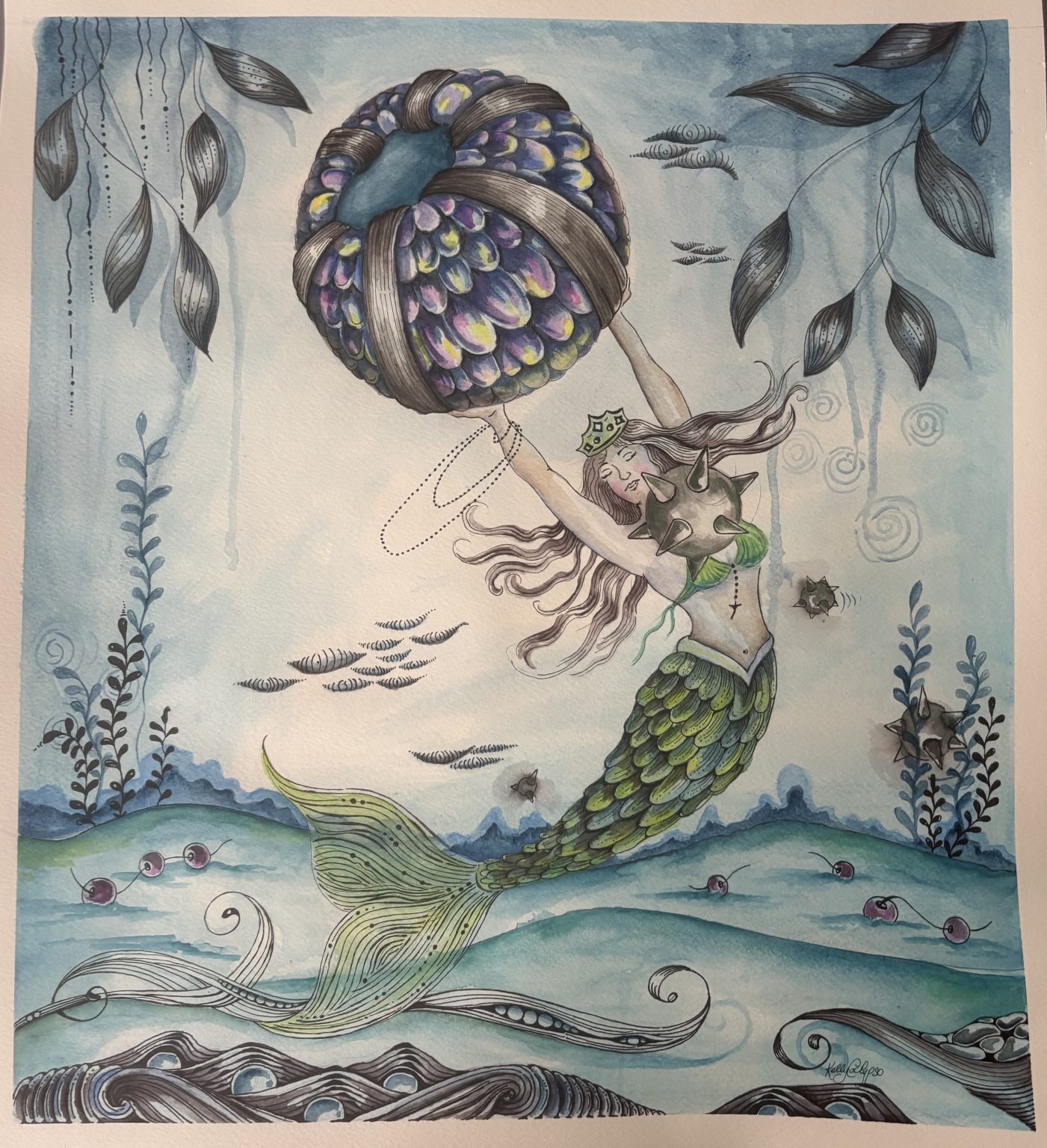 “GUARDIAN” this watercolor and ink piece illustrates the one who protects. She holds your dreams, your thoughts, your being. She absorbs or deflects the danger meant for you. She keeps you safe.