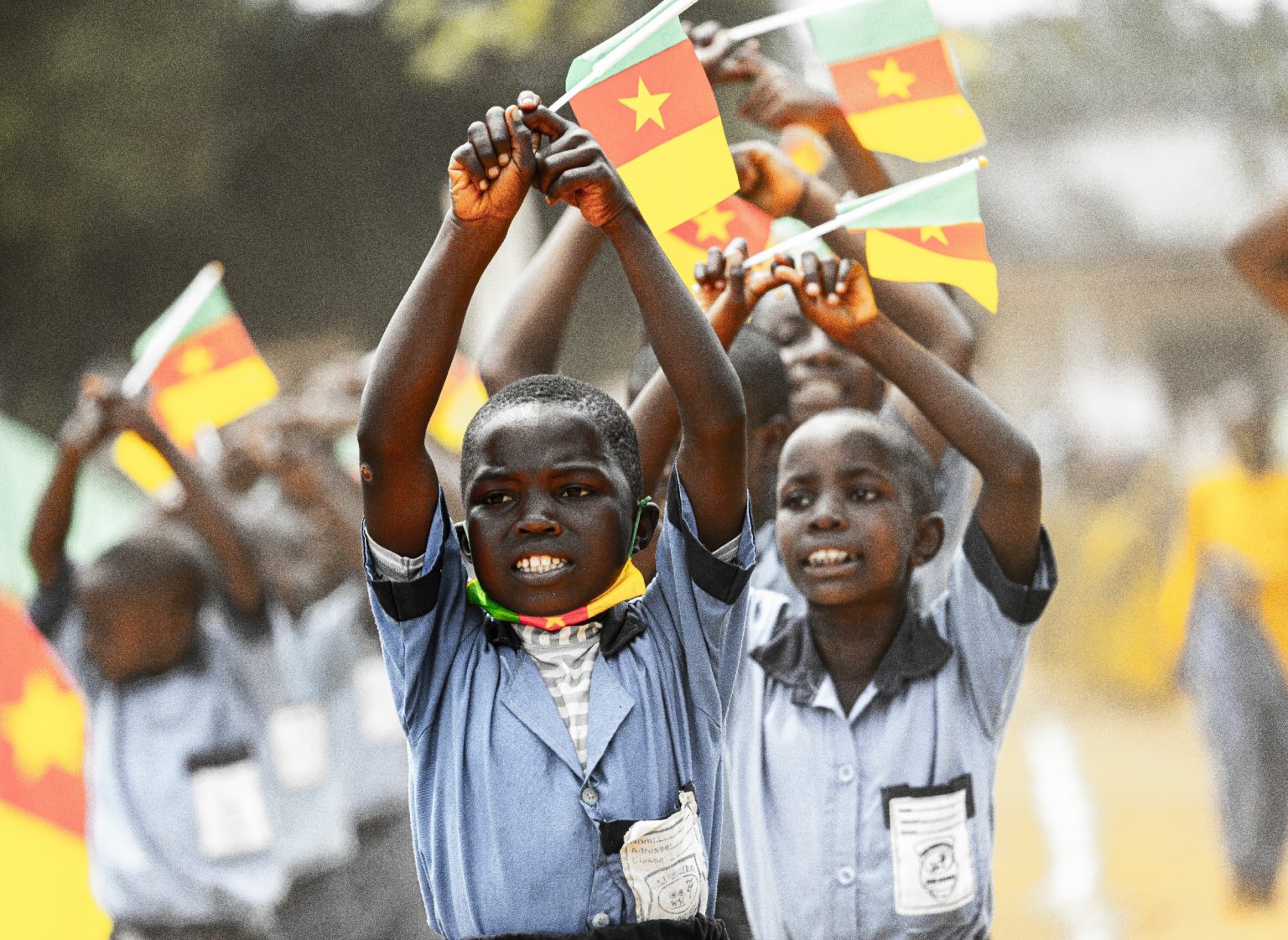 Youth in Dizangué, 2025: a young boy marches with discipline, carrying fatigue and invisible weight, symbolizing hope, pressure, and the burden of Cameroonian youth.