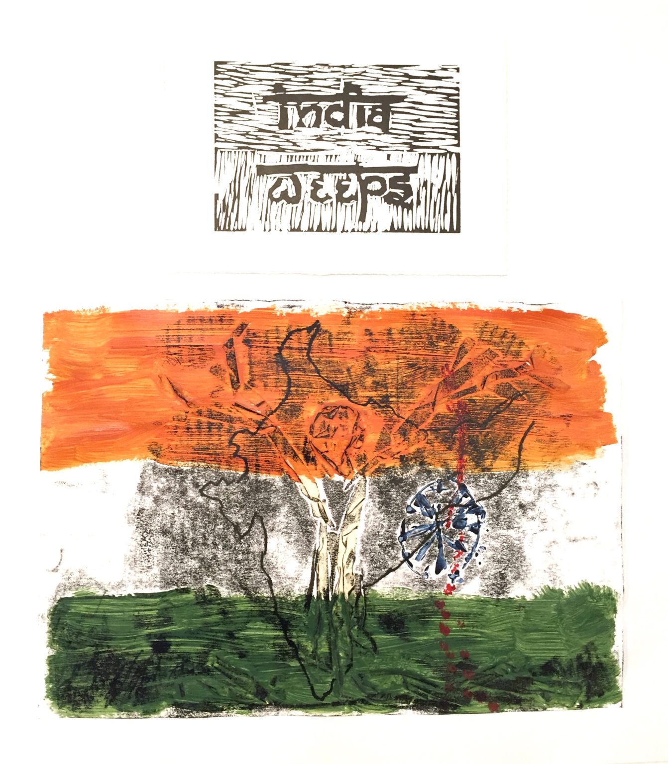 India Weeps is a 2 part artwork, lino cut above, plus mixed media work below,  I’ve combined them and present them as one. 

This work accompanies my poetry submission : Partition - Ode to a Generation, but is also a stand alone artwork in its own right.