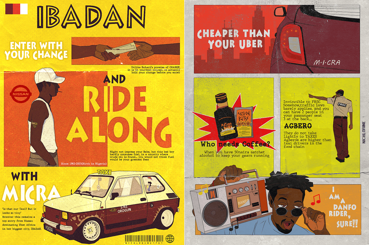 Home to Nigeria’s first university, Ibadan is a Commonwealth pillar and Africa’s intellectual capital. My art, "Ride Along," showcases the "brown-roof city" and its evolving modern culture—specifically its unique, high-energy taxi system.