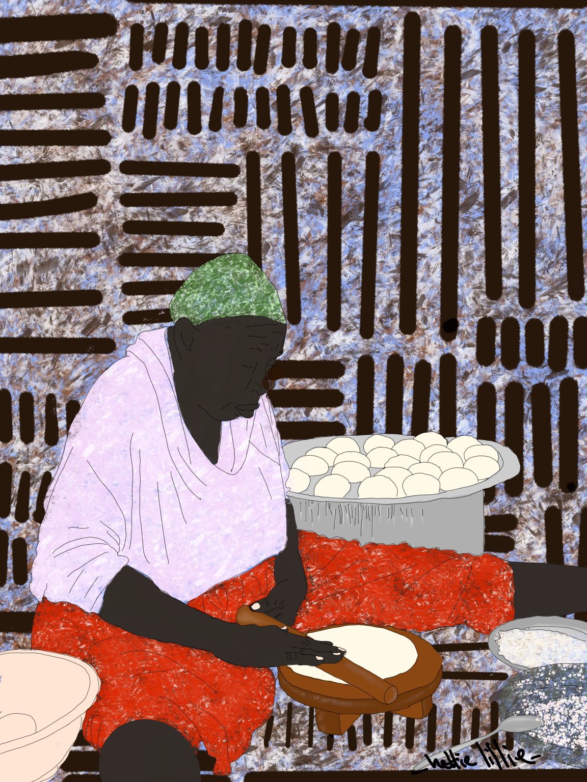 I’m honoring Bondei heritage and my late mother, my maternal aunt passing down the art of scratch-cooking chapati and stories about my mother. This work celebrates communal healing, oral history, and the resilient bond of women preserving cultural identity through generations.