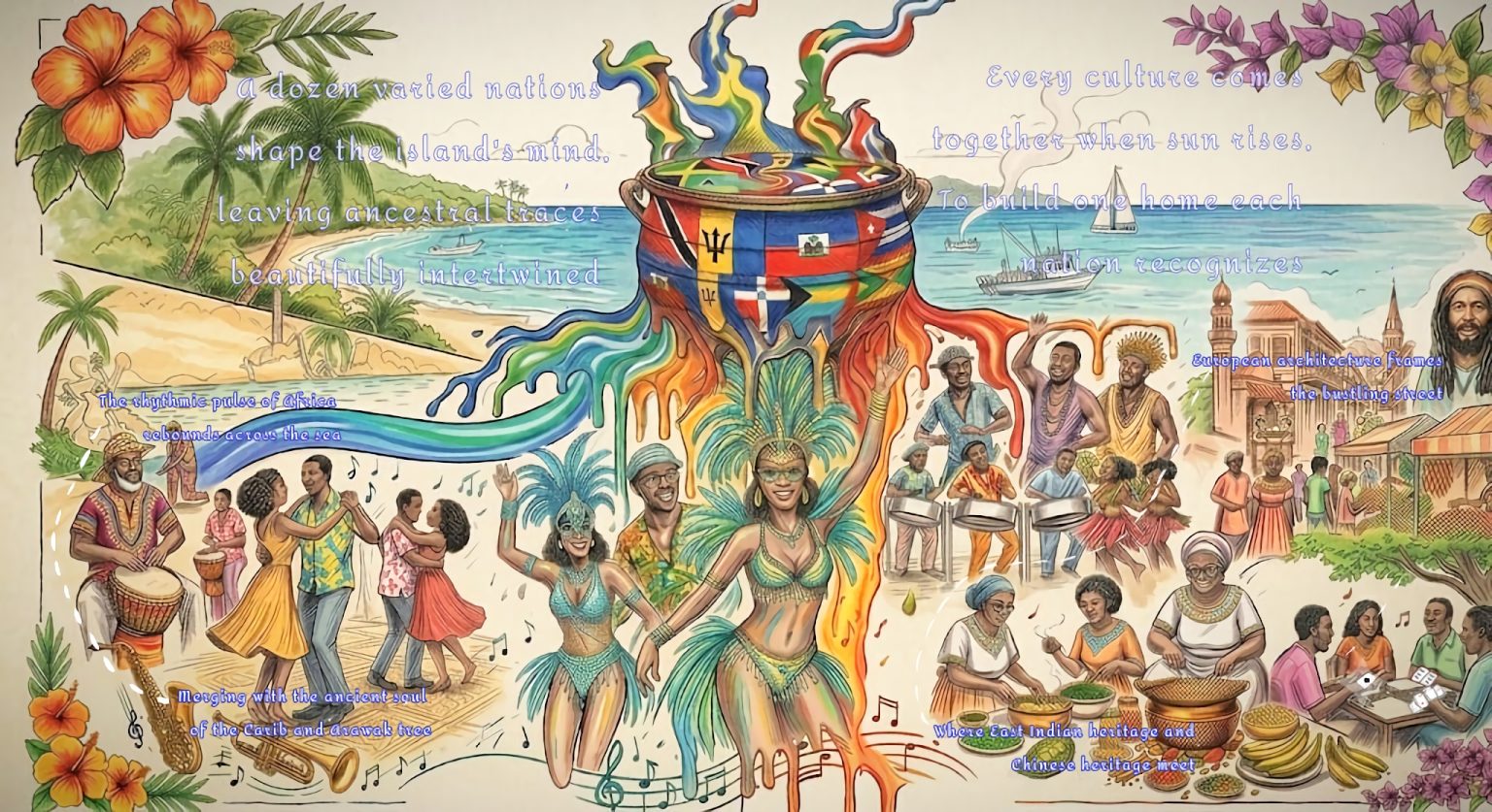 This piece is meant to highlight the Caribbean Commonwealth. It brings to life the wonderful fushion of cultures that shapes the Caribbean 'melting pot'.