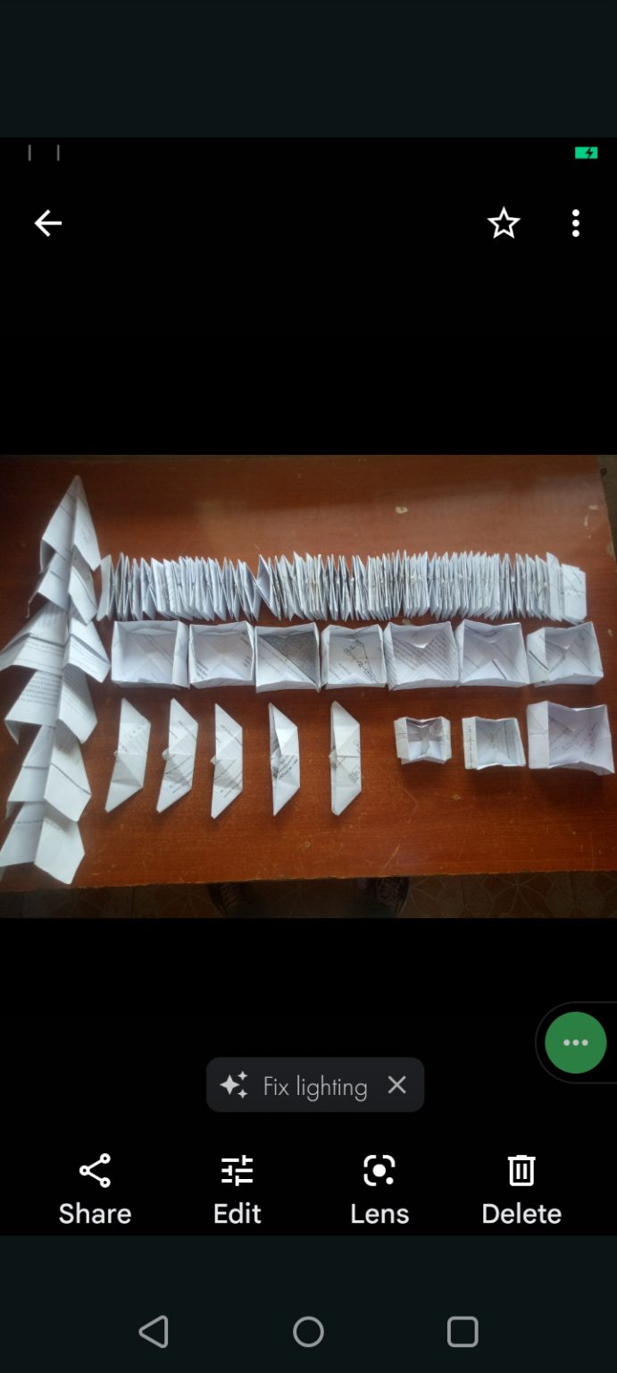 I create paper crafts (origami in Japanese).It started in Japan where a child with leukemia was gifted many paper cranes while in hospital bed.In Kenya this symbolizes a young generation whose time of play has been edged out by harsh economic times.Paper crafts serve as toys.