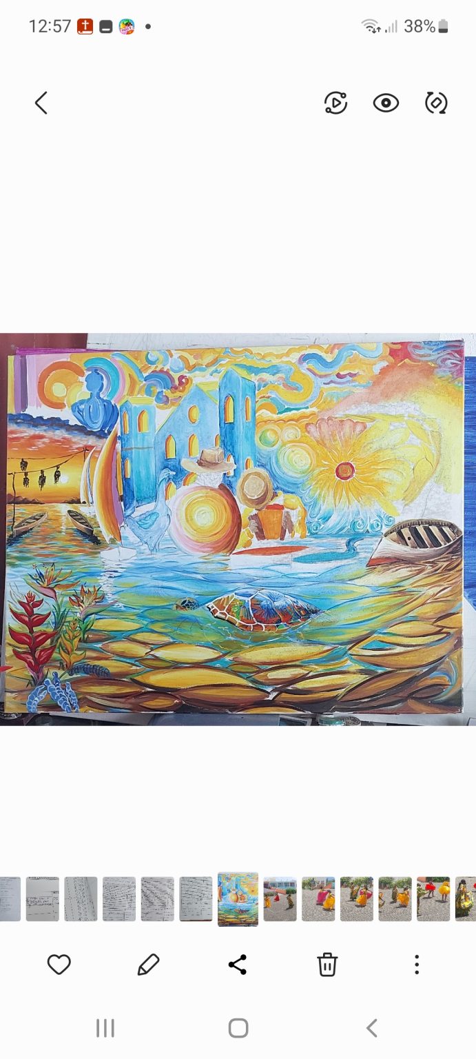A vivid painting of a Rodrigues seascape — green sea turtles swimming over a sandy seabed, fishing boats drawn up at the shore, tropical flowers and blue architectural forms, with sun and mandala motifs worked into a golden sky. Note: the submitted file is a phone gallery screenshot, so the artwork sits inside the phone interface rather than filling the frame.