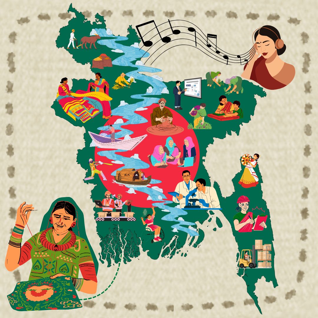 Sonar Bangla is a tribute to the diverse workforce that forms the literal fabric of Bangladesh.From boatmen to farmers, from scientists to sportsperson,each profession is building the golden future of the country everyday.