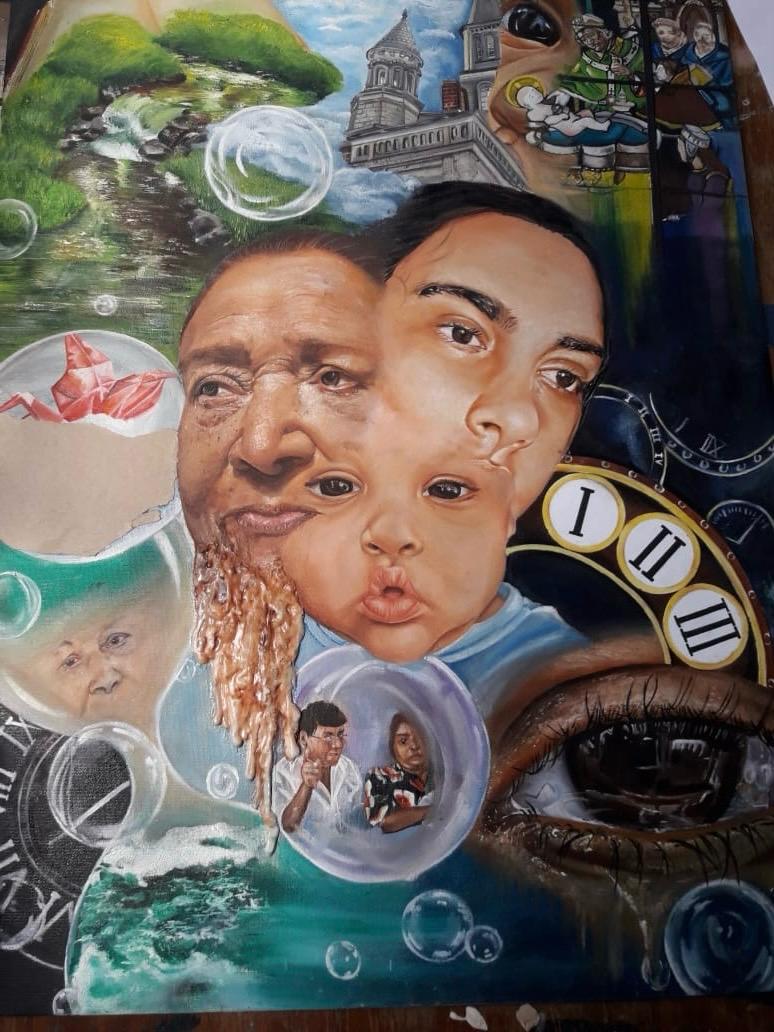 "Each generation threads its own." The baby is the first stitch. The young girl flows like a river — growing, changing, becoming. The grandmother is the hourglass: time almost empty, but still weaving. The quilt is not finished until the last thread is sewn.