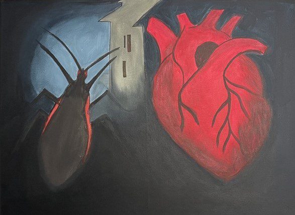 This artwork reveals the hidden burden of Chagas disease. A triatomine bug emerges from darkness toward the human heart, symbolizing how neglected infections silently damage hearts and lives. It reminds us unseen health threats are threads woven through our shared human story.