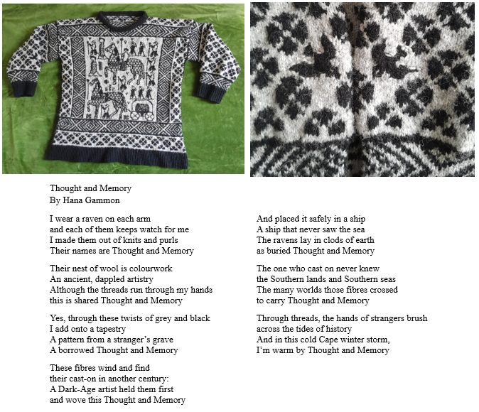 I knitted this sweater based on tapestry fragments uncovered from a ship burial in Norway. The ravens on the sleeves are Huginn and Muninn, mythological figures whose names mean "thought and memory" — things that have voyaged, through art, across centuries and continents.