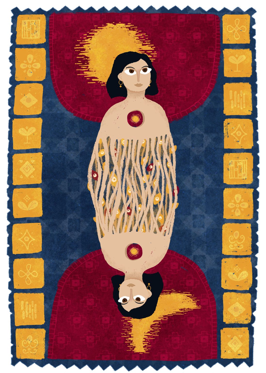 Inspired by traditional Indian carpets, this self-portrait explores the symbolism of heritage woven with the duality of our internal lives. It captures how millions of individual threads bind to tell a unique story, blending our shared history into a vibrant global tapestry.