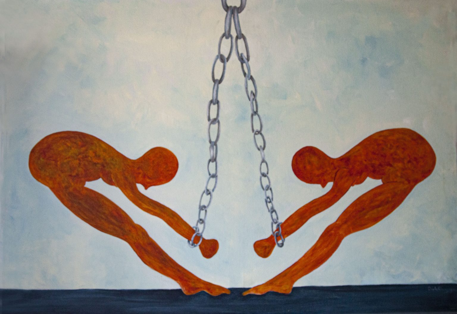 Two rust-ochre figures stand with heads bowed and wrists shackled to chains hanging from above, their feet on a dark band of ground beneath a pale washed sky. The title turns the image toward the moment before rising: bodies still bent by restraint, but standing.