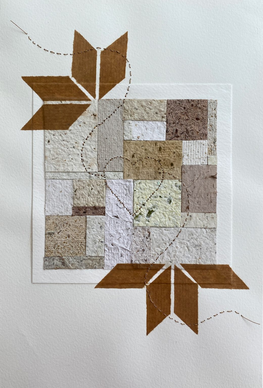 A collage made with self-made paper, embedded with native flora particles. On this organic base, overlayed is a composition inspired by local traditional lace motifs. Hand-stitched paper thread is weaved through the artwork - a tactile narrative of heritage, habitat, and soul.