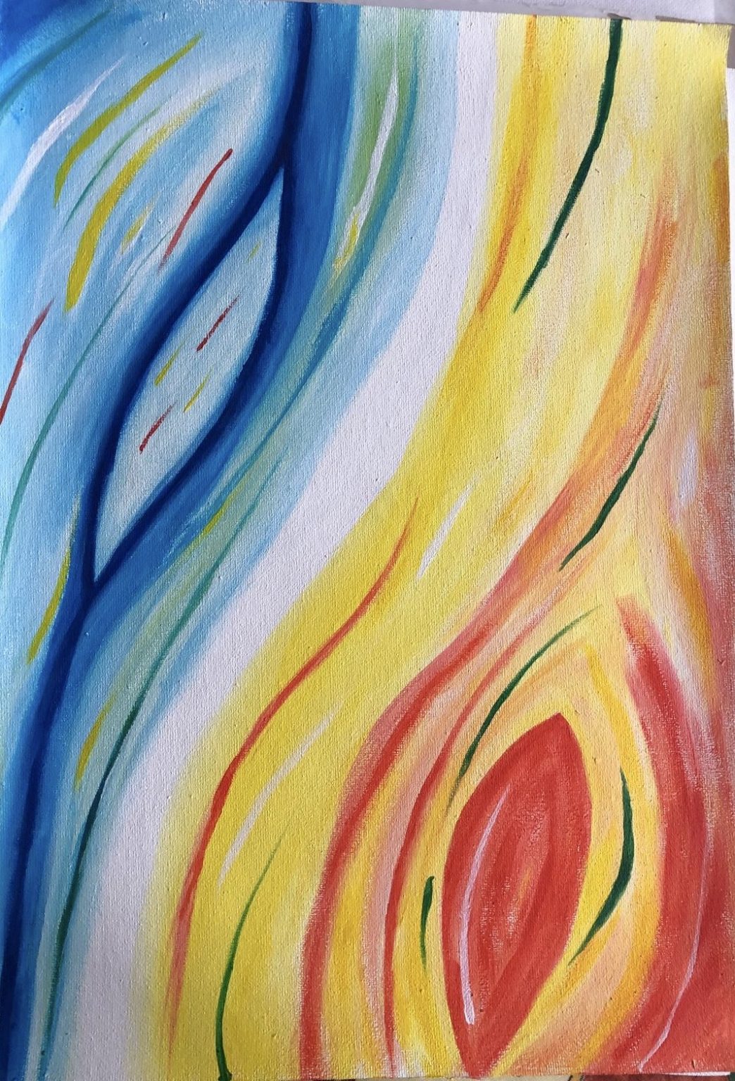 An abstract painting of flowing vertical bands — cool blues on the left giving way to warm yellows, oranges and a deep red at the right, with fine green and crimson lines threading through both. Two temperatures of colour running alongside each other in a single field.