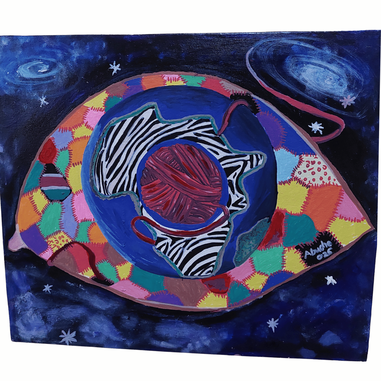 Centered on Africa, this eye explores identity and interconnectedness through fingerprint-like patterns and vibrant patchwork. The red thread symbolizes our shared humanity: despite our differences in culture, history and experience, we all bleed red.