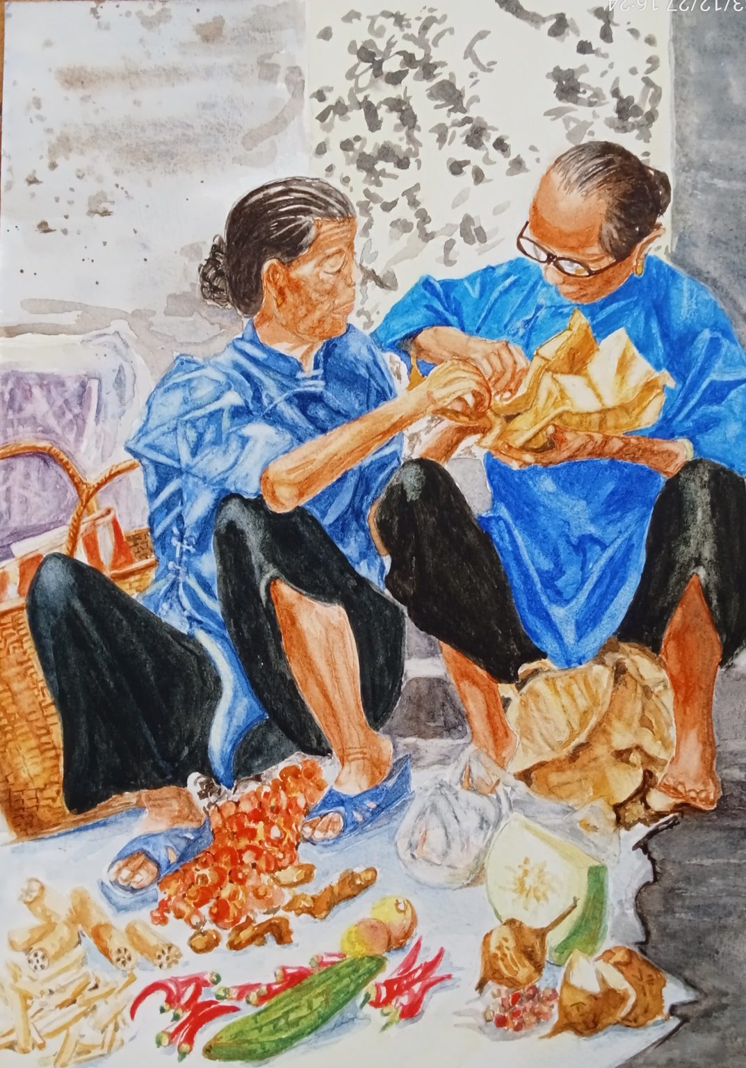 A watercolour of two older women in blue tunics sitting together on the ground, sorting and wrapping produce between them — ginger, chillies, okra, a gourd and a coconut spread at their feet, a woven basket at their side. An everyday scene of shared work and quiet company.