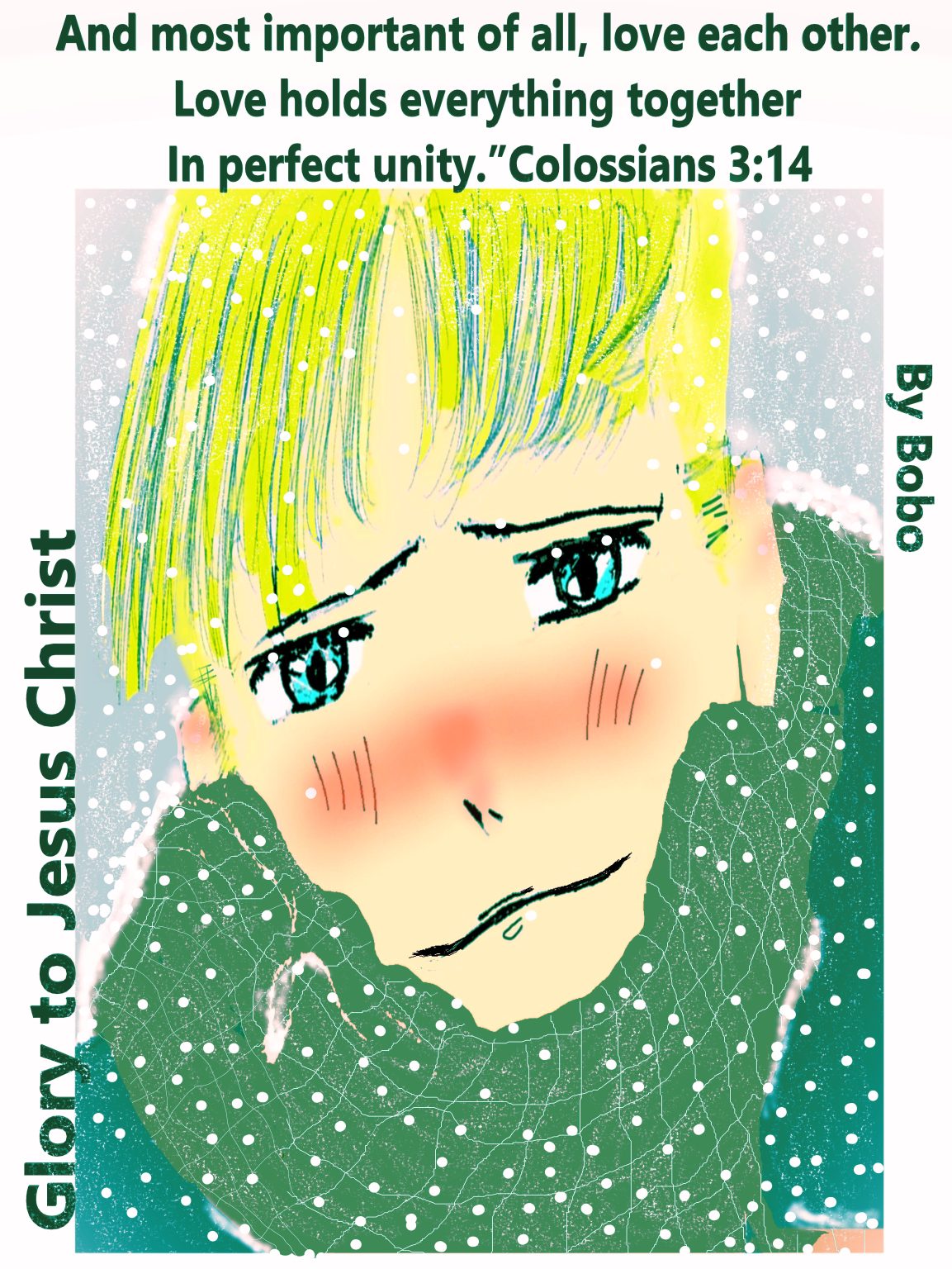 Thank you for this chance to share my digital art. In these hard times, Jesus Christ and His scripture inspire my piece to restore kindness. It shows a soul "weathered" by life, yet their hair glows with hope, eyes shine with mercy, and their scarf weaves all together in love.
